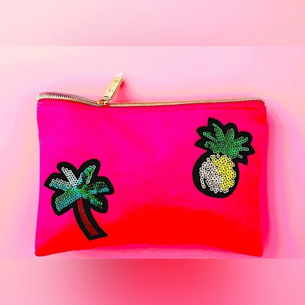 TARTE Tropical Neon Pink Cosmetic Bag Sequined Palm & Pineapple Clutch Gold Zip - Picture 1 of 7